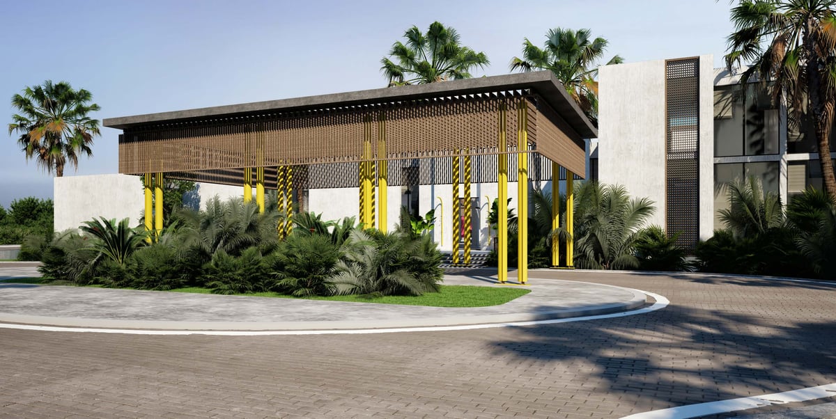 Costa Mares — A screened canopy defines the drop-off while retaining an open edge to the gardens.