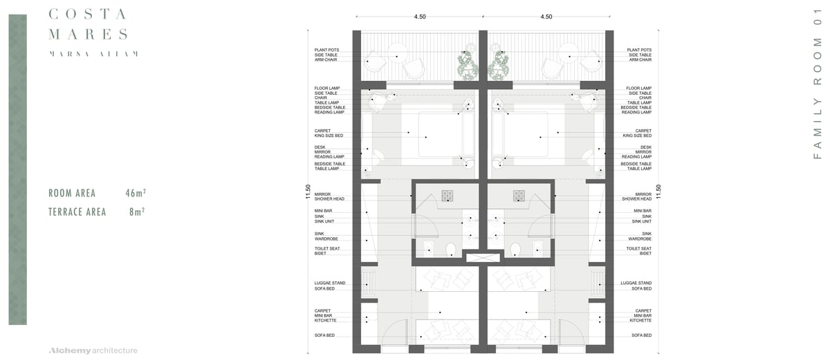 Costa Mares — Family room — 46 m² of interior space extends to an 8 m² terrace.