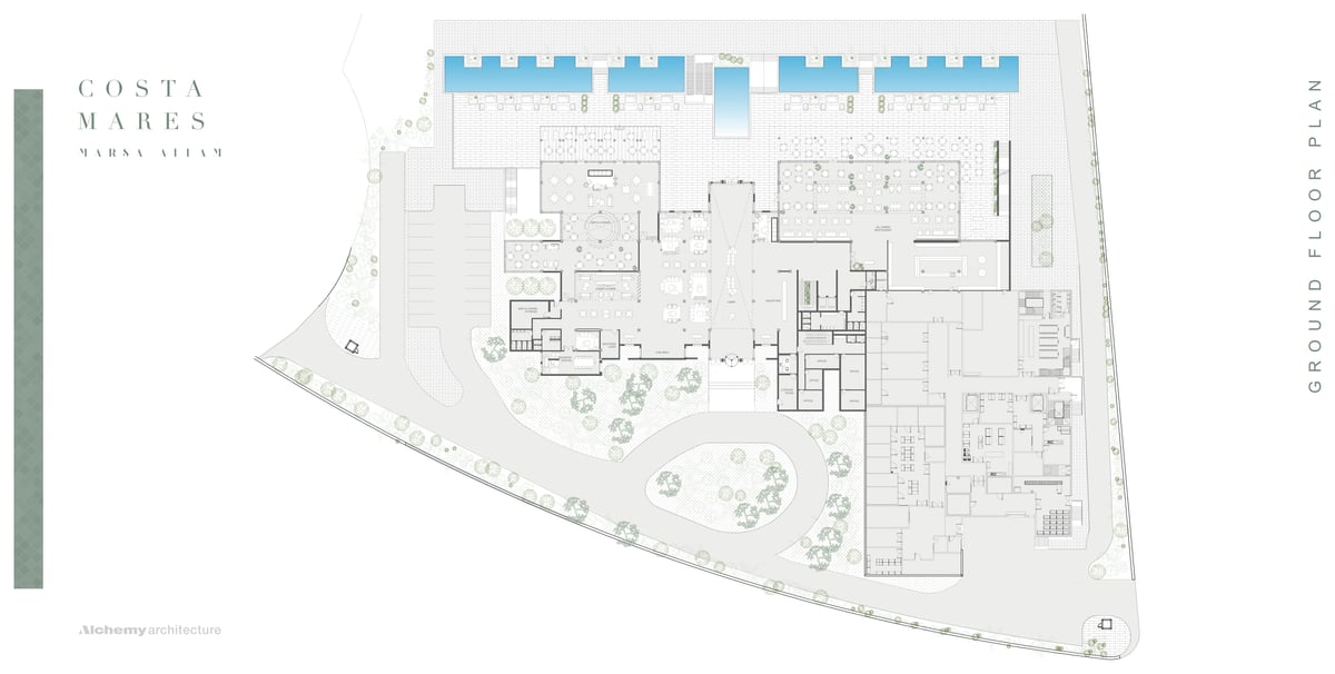 Costa Mares — Main building ground floor — arrival and shared facilities connect the approach road with the pool terraces.
