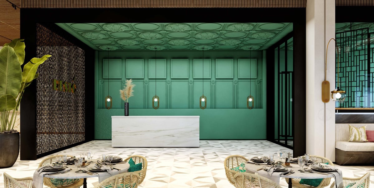 Costa Mares — A deep green bar recess introduces a distinct colour and scale within the dining spaces.