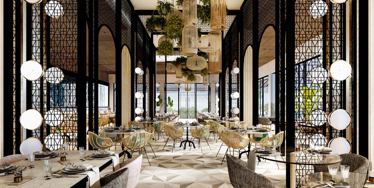 Costa Mares — Open screens define dining areas while preserving views between tables and windows.