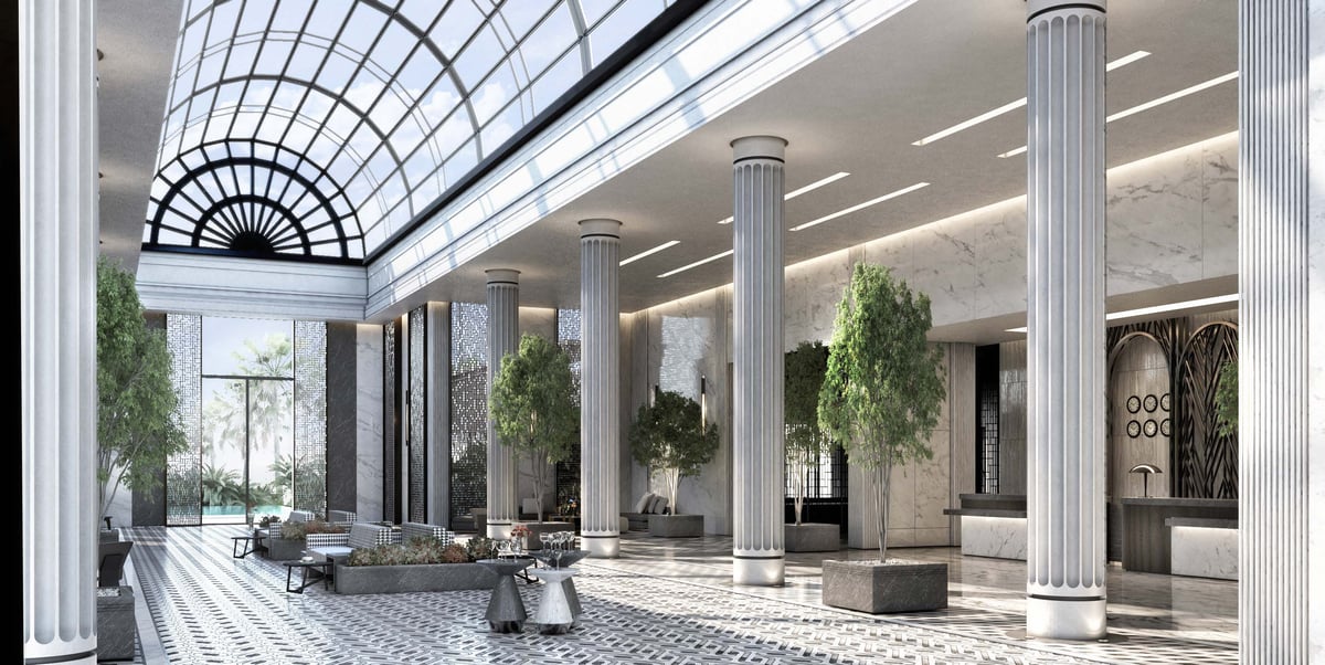 Costa Mares — Columns separate places to sit from the principal route through the lobby.