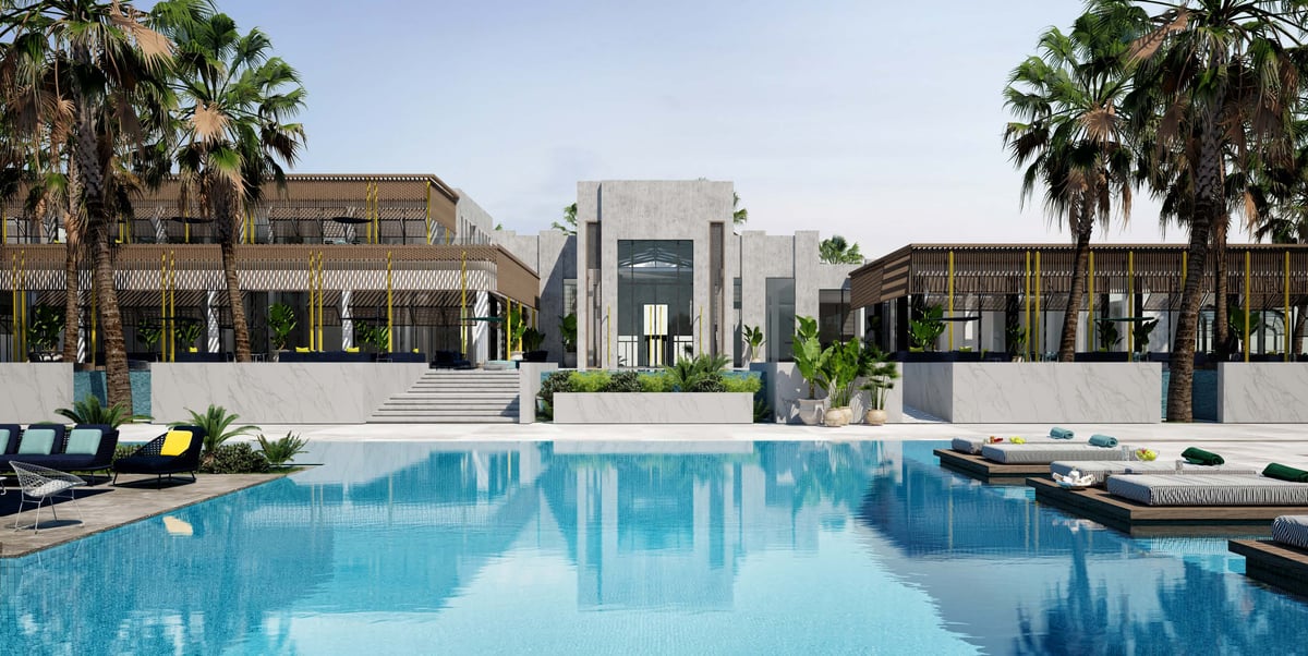 Costa Mares — The central entrance axis continues across the terrace to the pool.