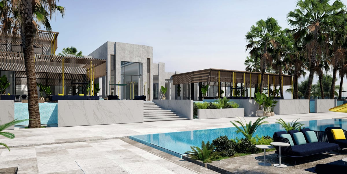 Costa Mares — Seating platforms occupy the water's edge, extending the terrace into the pool composition.