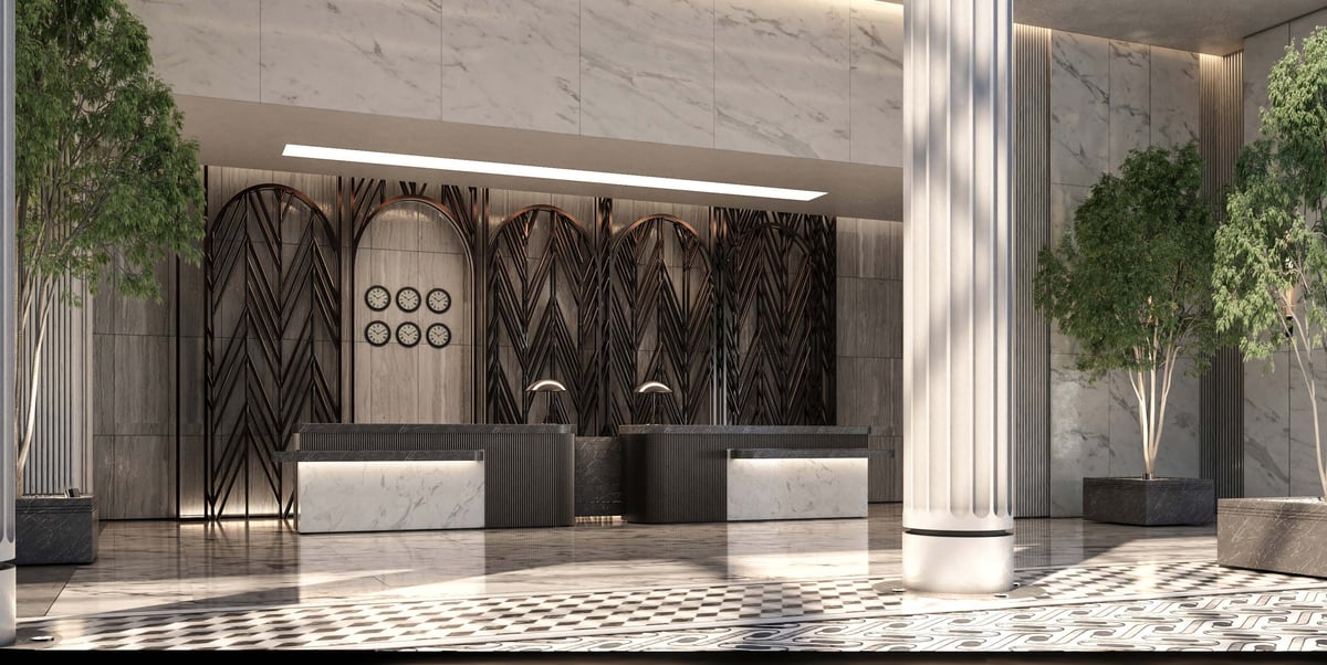 Costa Mares — Reception occupies the side of the hall, keeping the central arrival axis open.