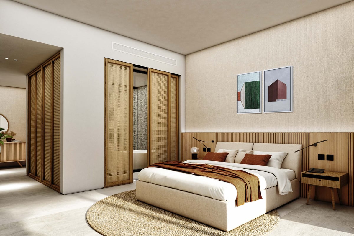 Costa Mares — A freestanding partition gives the villa bedroom a more gradual approach from the entrance.