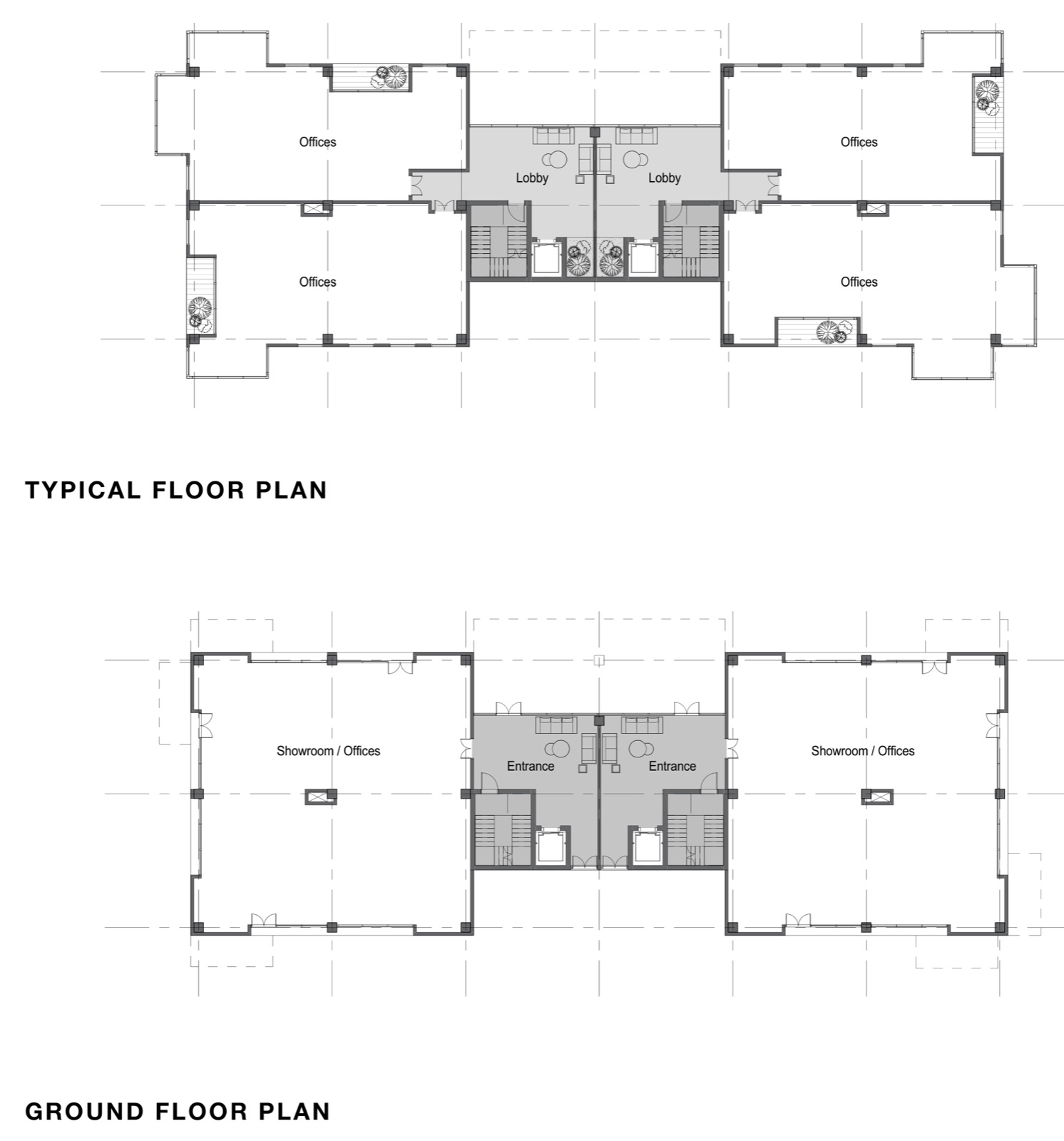 Building 001 — typical and ground floor plans