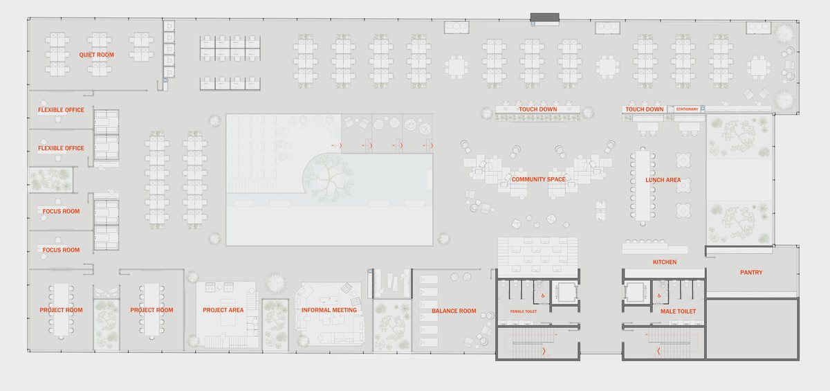 Henkel HQ — First floor layout — workstation banks along the façade, quiet room and flexible offices, project rooms, informal meeting space, kitchen and balance room.