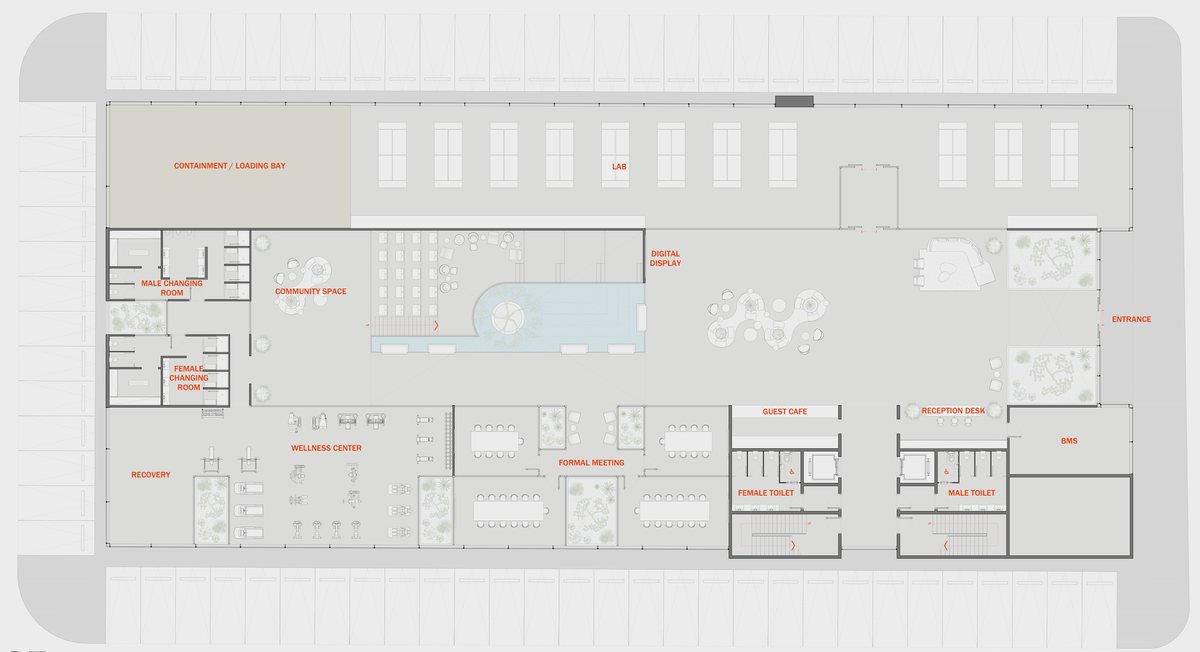 Henkel HQ — Ground floor layout — reception and guest café at the entrance, the wellness centre and changing rooms, formal meeting rooms and the lab.