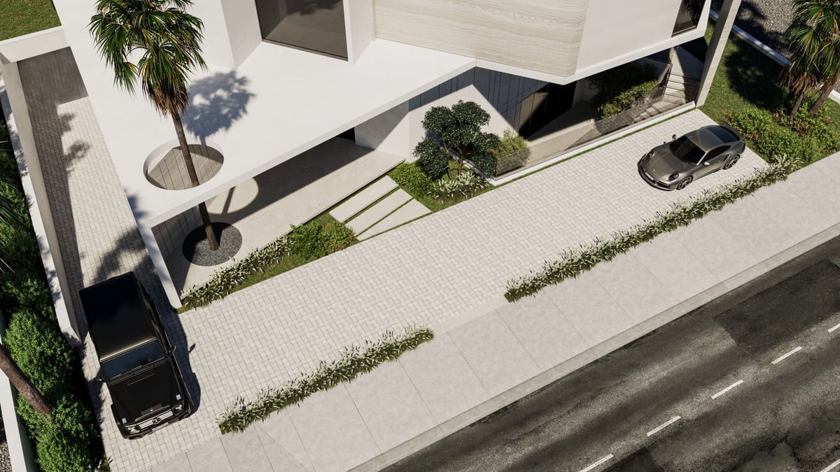 La Mer C1 — From above, the car court stays low and planted, keeping the street front calm.