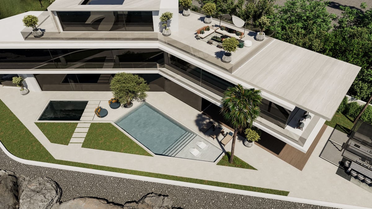 La Mer C1 — From above, the pool's angled geometry follows the plan of the house above it.