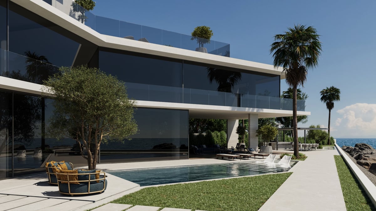 La Mer C1 — The pool, a reflecting basin and a lounge are strung along the edge of the rocks.