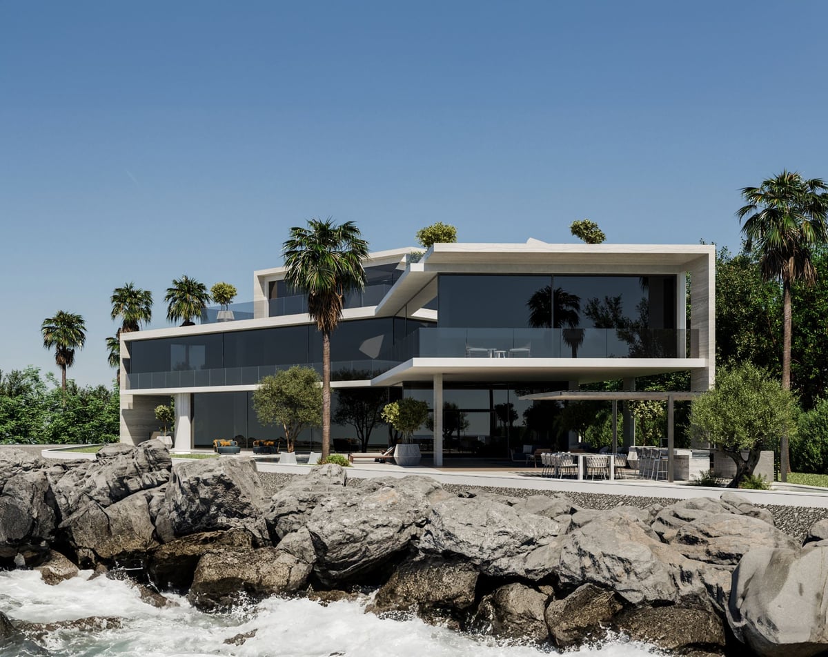 La Mer C1 — Toward the sea the floors slide past each other as long glazed decks, each reaching further out.