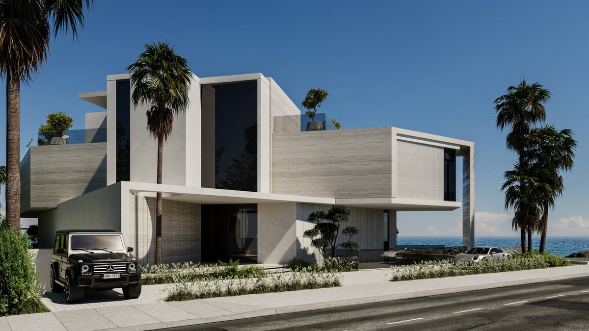 La Mer C1 — The entrance canopy is cut around a palm rather than the palm being moved.
