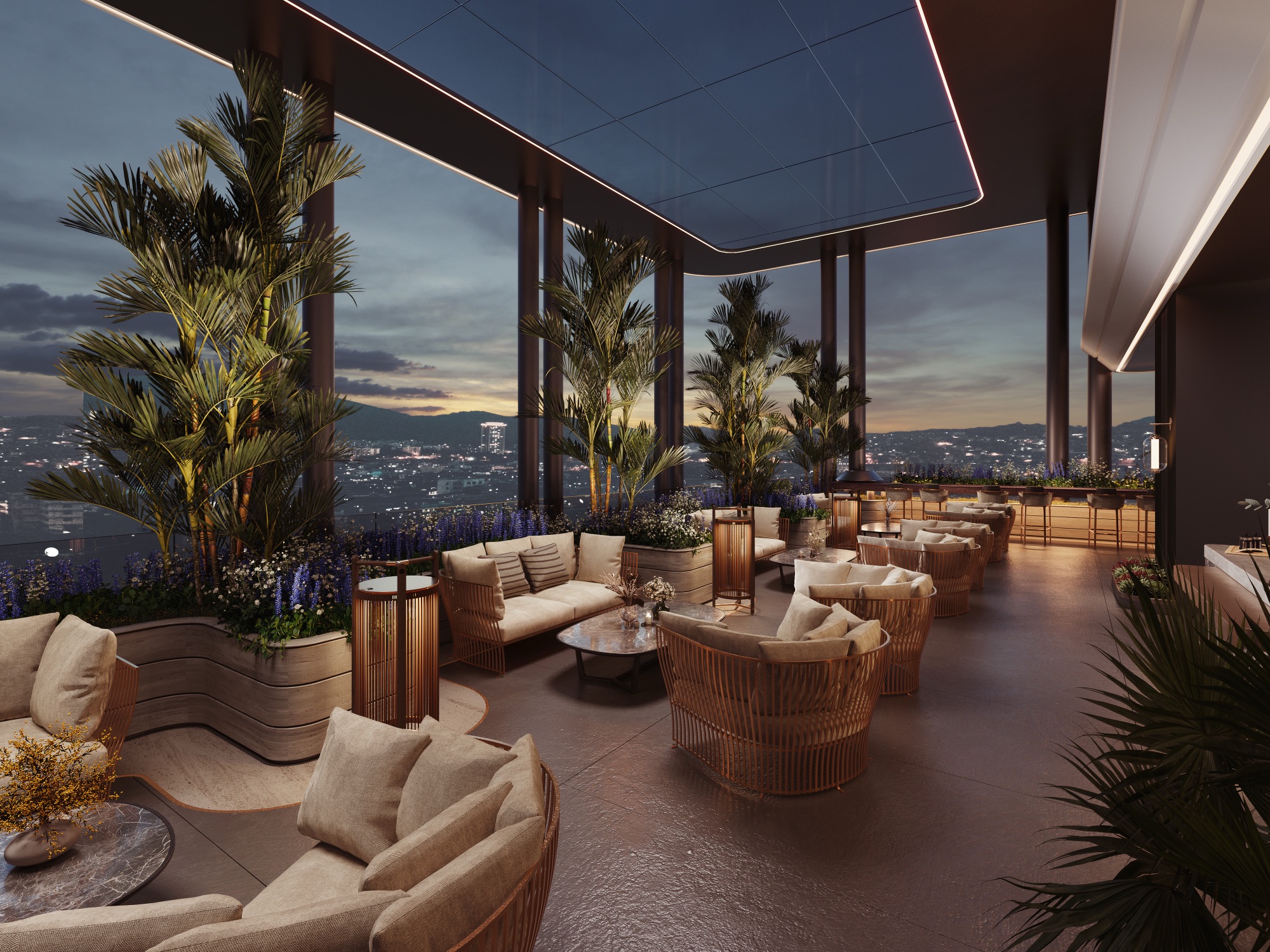 Manhattan Mangalore — Render — the amenity terrace at dusk
