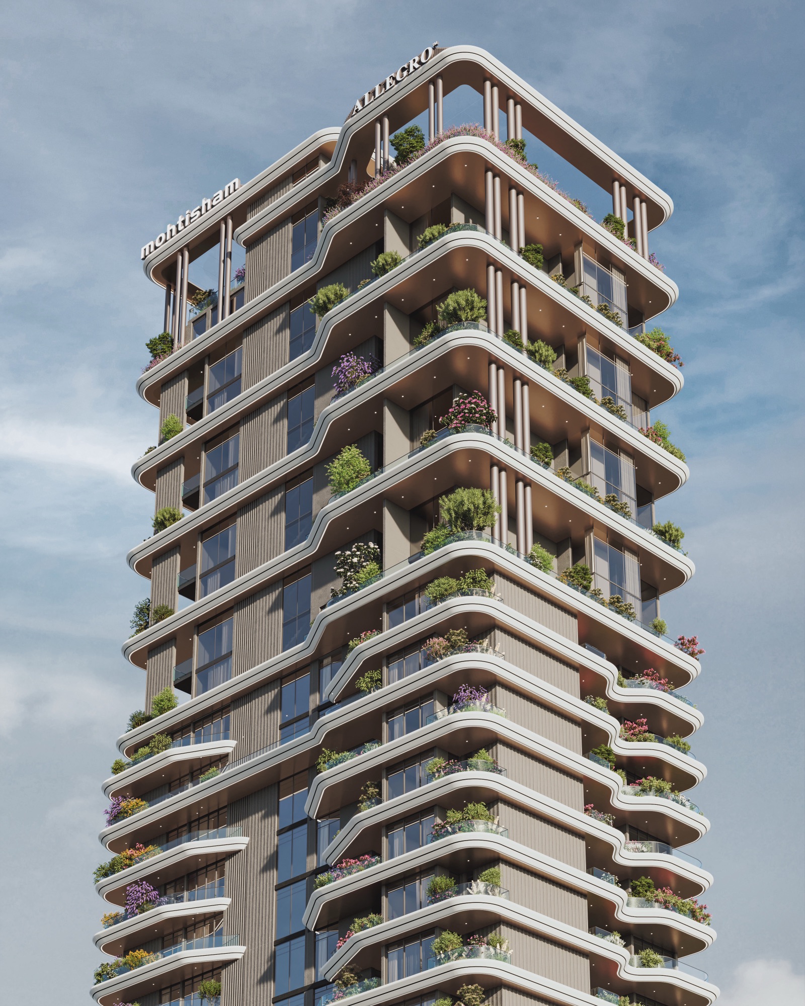 Manhattan Mangalore — Render — the stepped balconies of the upper floors