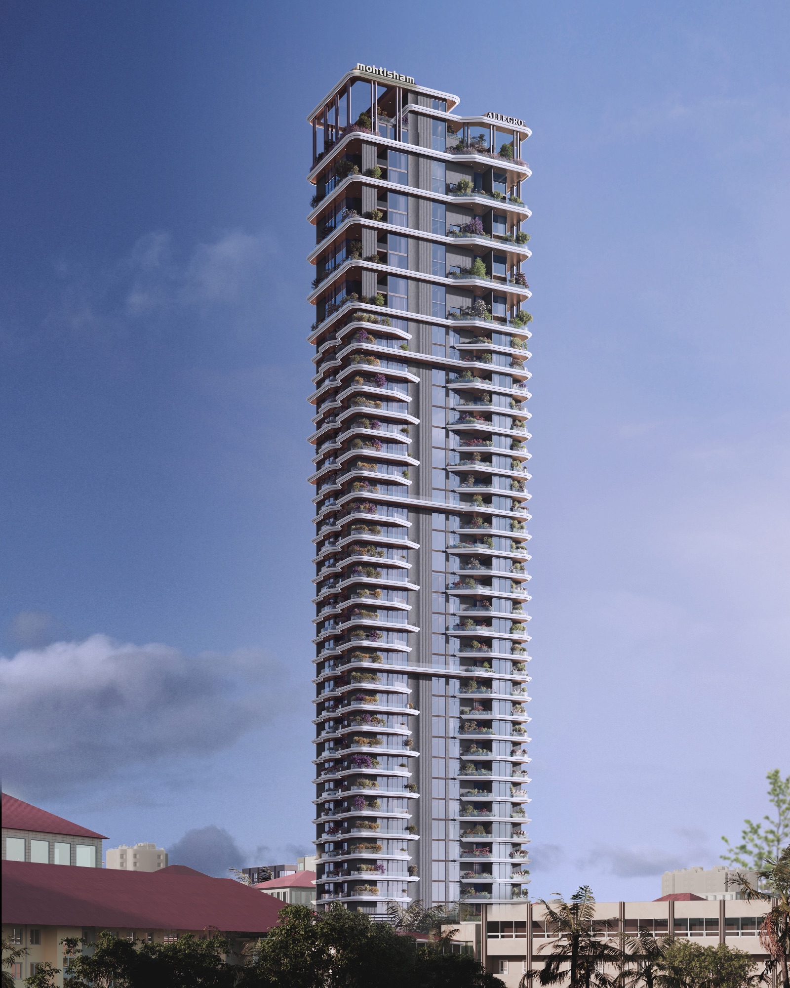 Manhattan Mangalore — Render — the tower from afar, above the trees