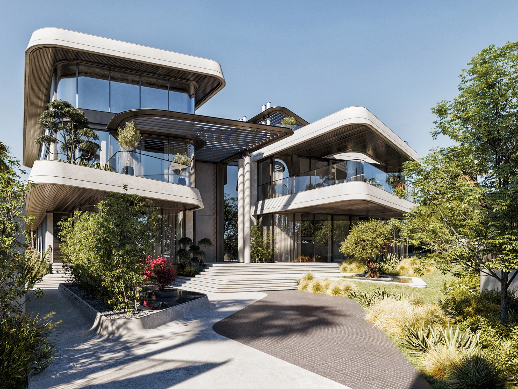 Mercedes-Maybach Villas — Render — large villa — the curved, cantilevered decks from the street