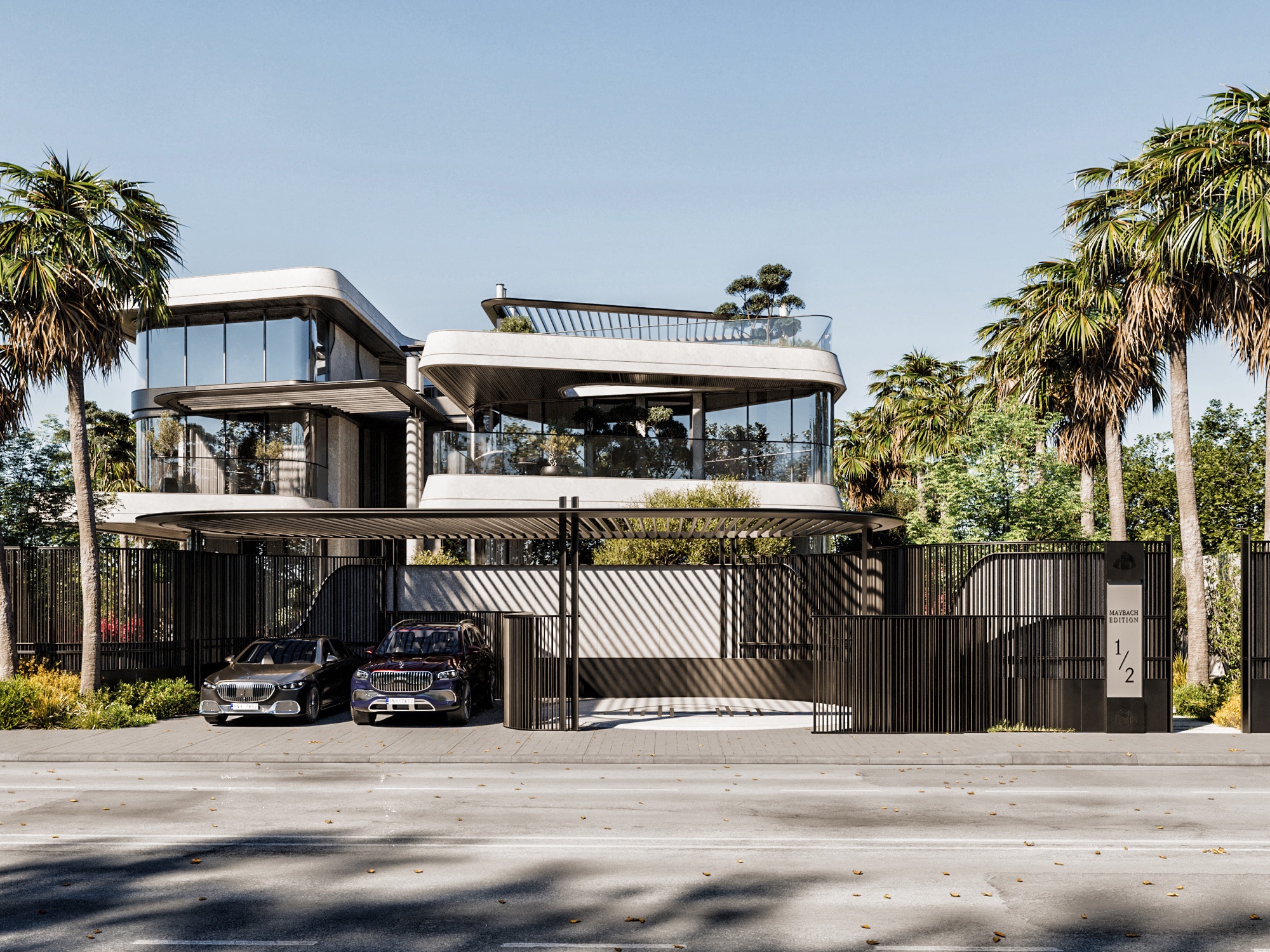 Mercedes-Maybach Villas — Render — front three-quarter view with the car court