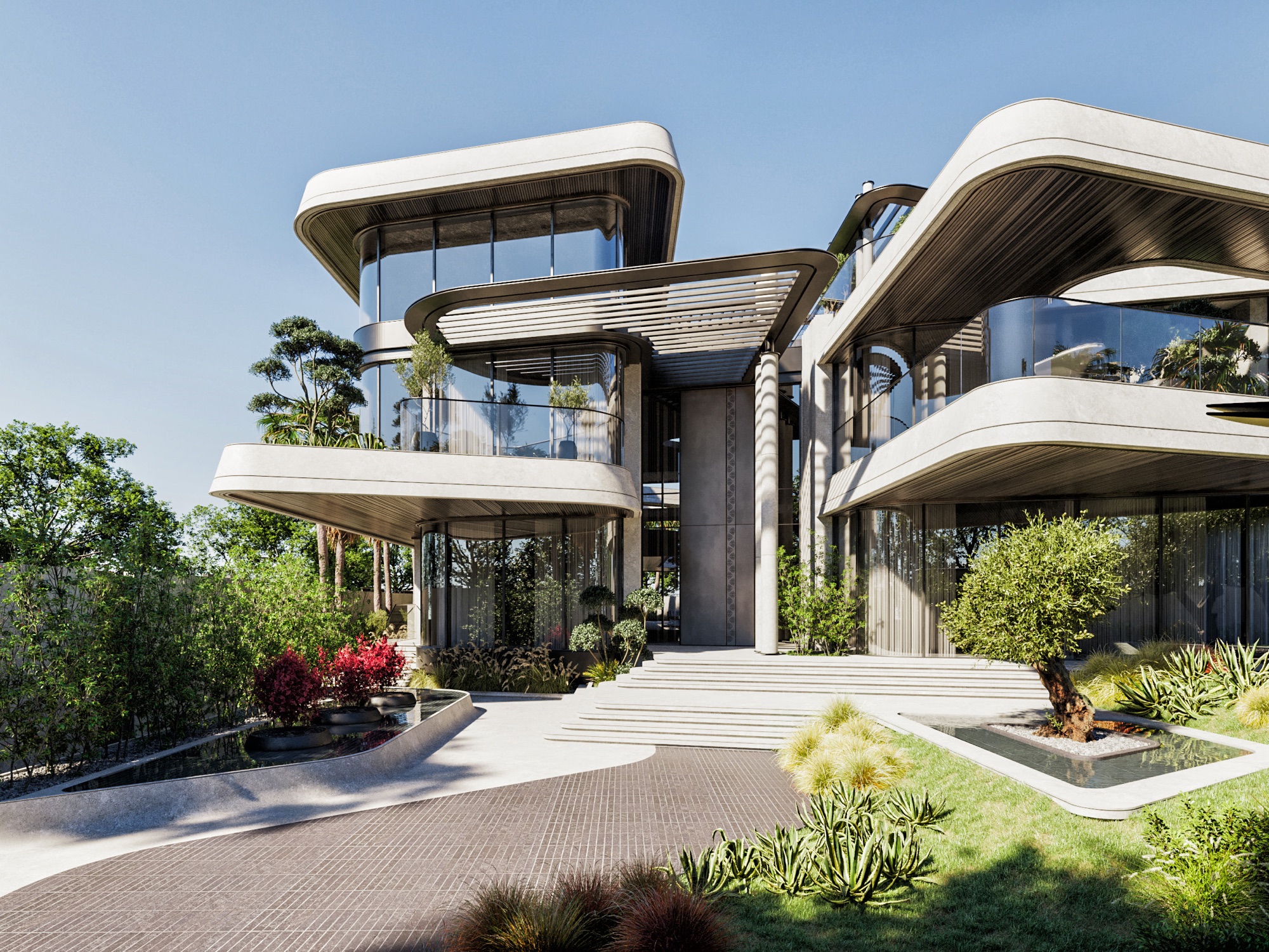 Mercedes-Maybach Villas — Render — corner view — ribbon balconies and the garden wall