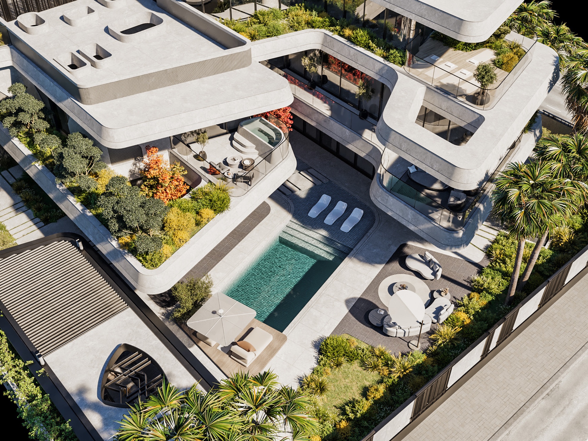 Mercedes-Maybach Villas — Render — Aerial — the row of villas along the landscaped spine