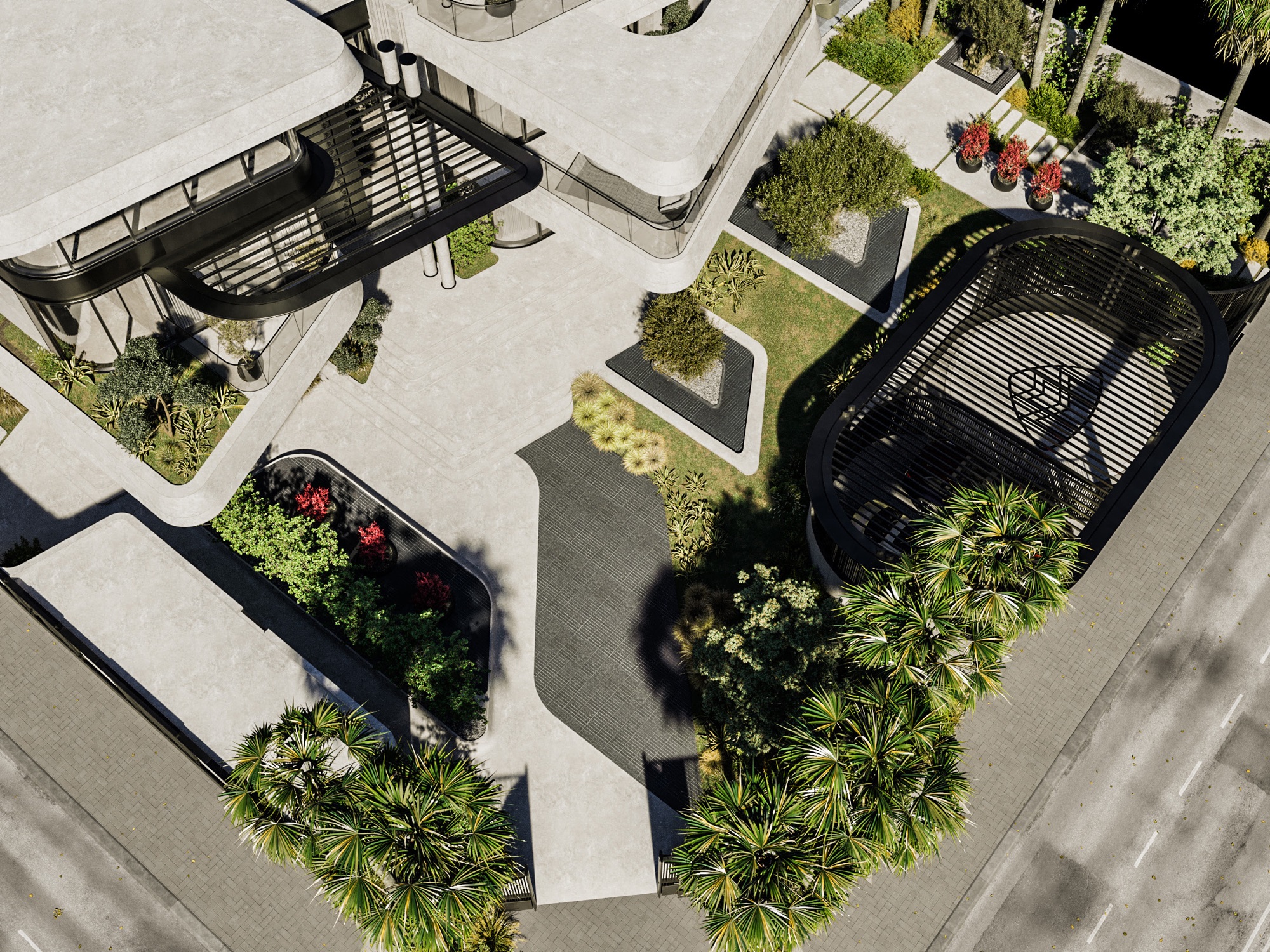 Mercedes-Maybach Villas — Render — Aerial detail — courtyard and car court