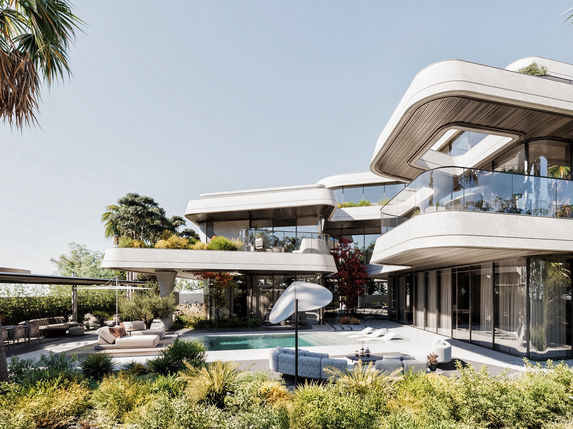 Mercedes-Maybach Villas — Render — pool terrace from the garden