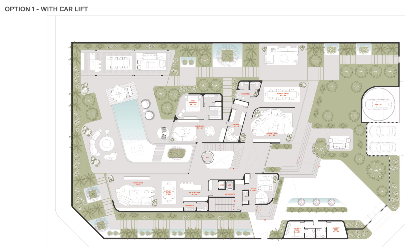 Mercedes-Maybach Villas — Ground floor plan — with car lift