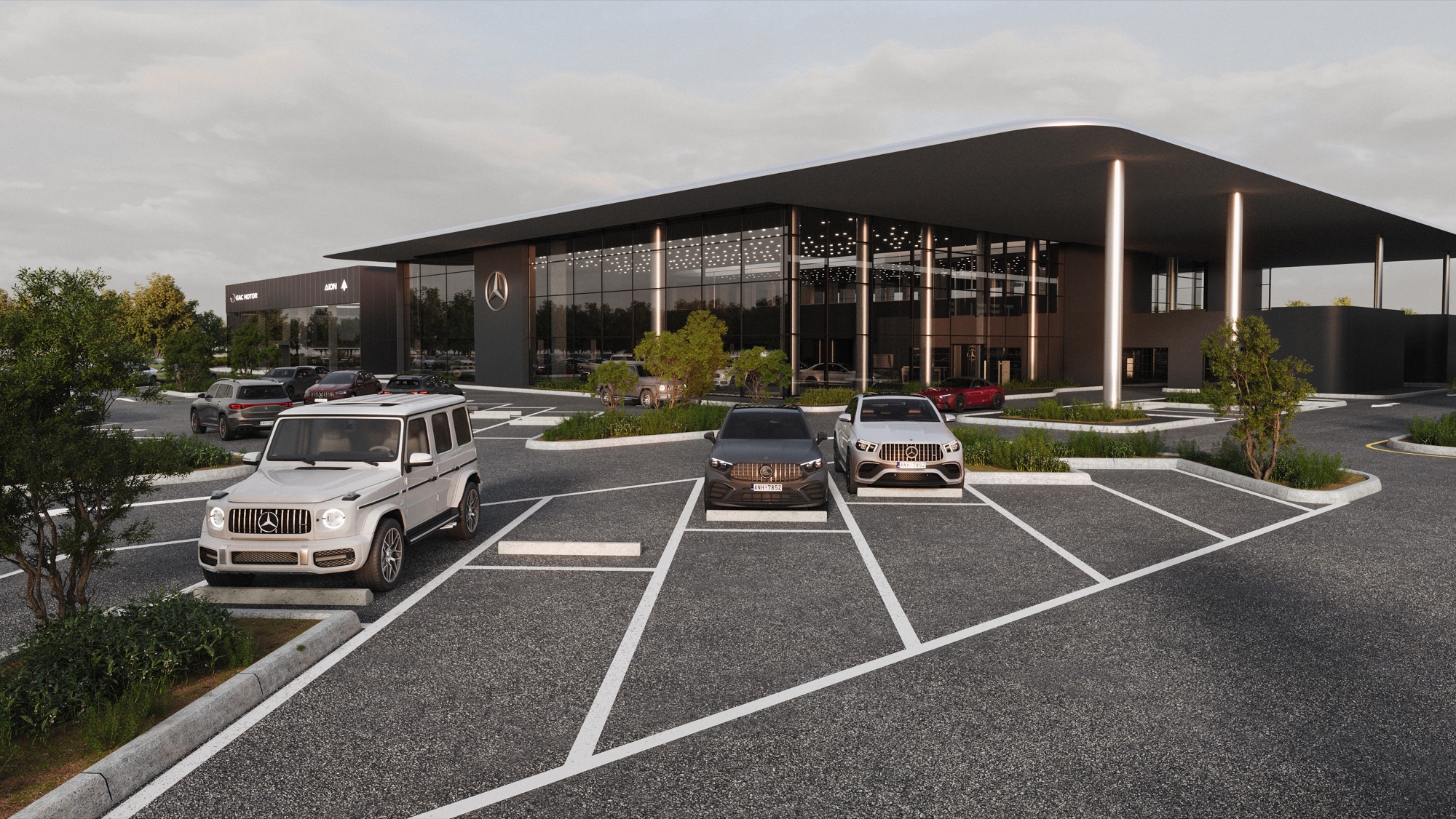 Gargash Multibrand Facility — Mercedes-Benz, GAC & Tesla — Render — Mercedes-Benz showroom, entrance elevation under the canopy