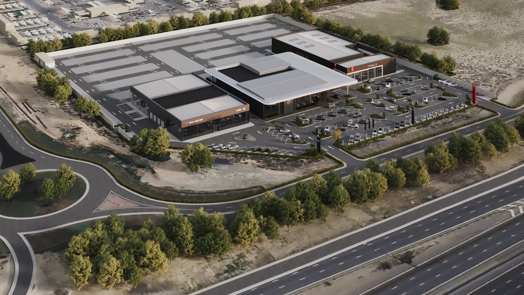 Gargash Multibrand Facility — Mercedes-Benz, GAC & Tesla — Render — the three showrooms on the plot from the air, shared back-of-house behind