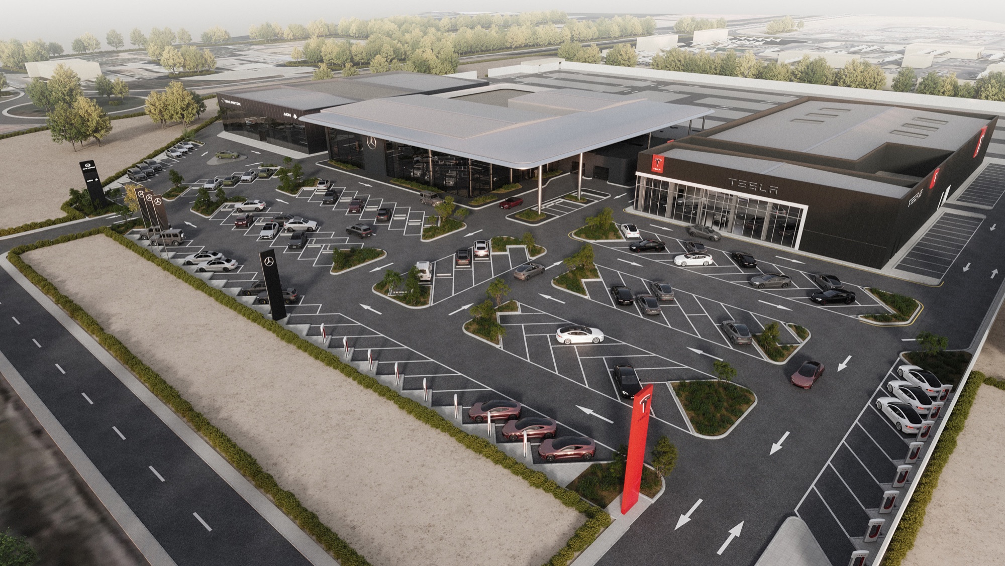 Gargash Multibrand Facility — Mercedes-Benz, GAC & Tesla — Render — the glazed showroom bays from the approach road