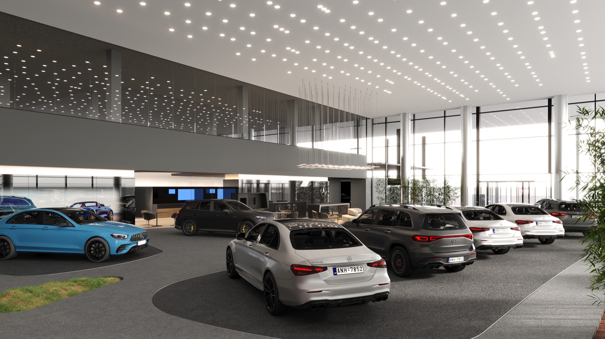 Gargash Multibrand Facility — Mercedes-Benz, GAC & Tesla — Render — the showroom display floor
