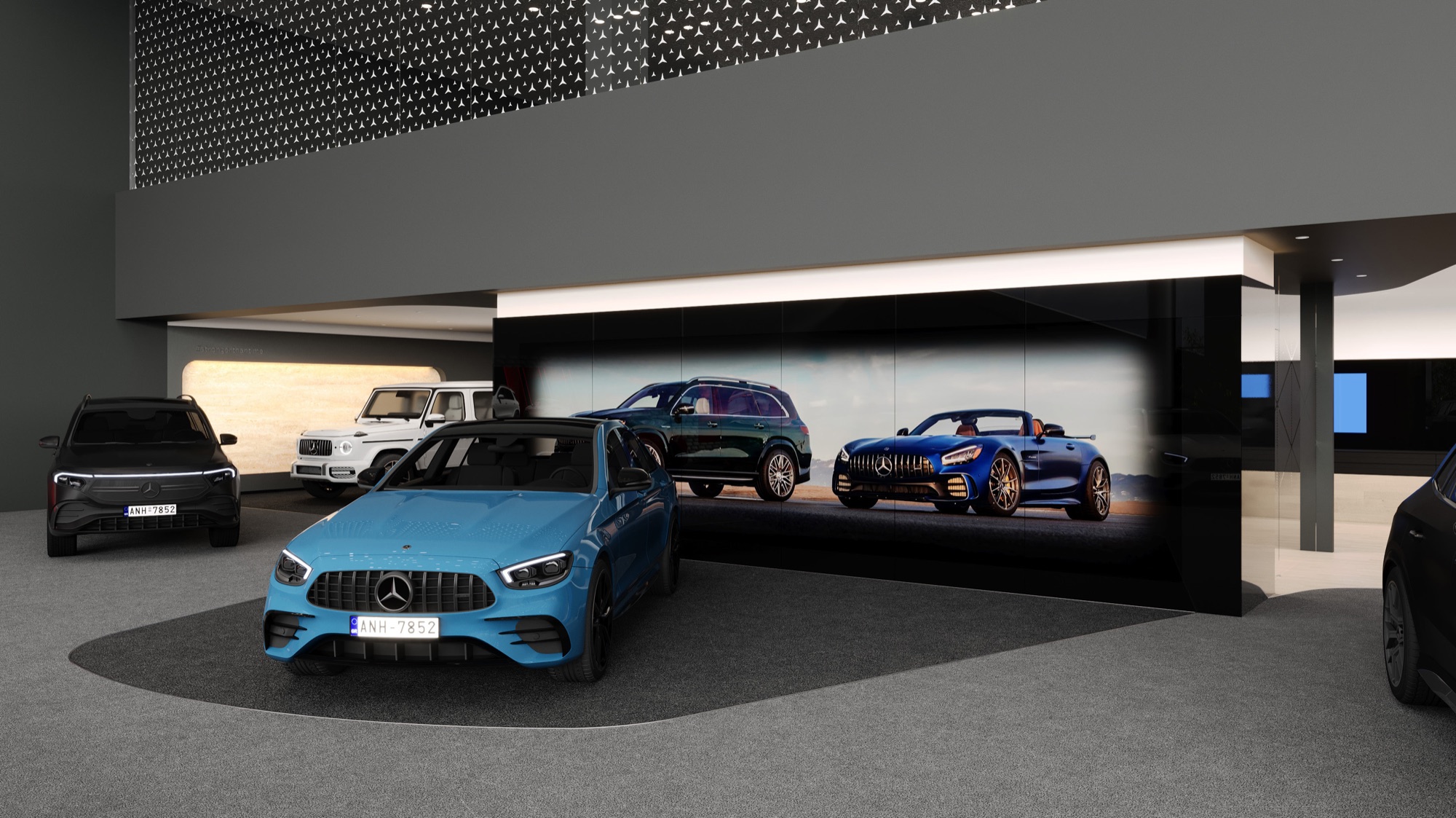 Gargash Multibrand Facility — Mercedes-Benz, GAC & Tesla — Render — feature vehicle display