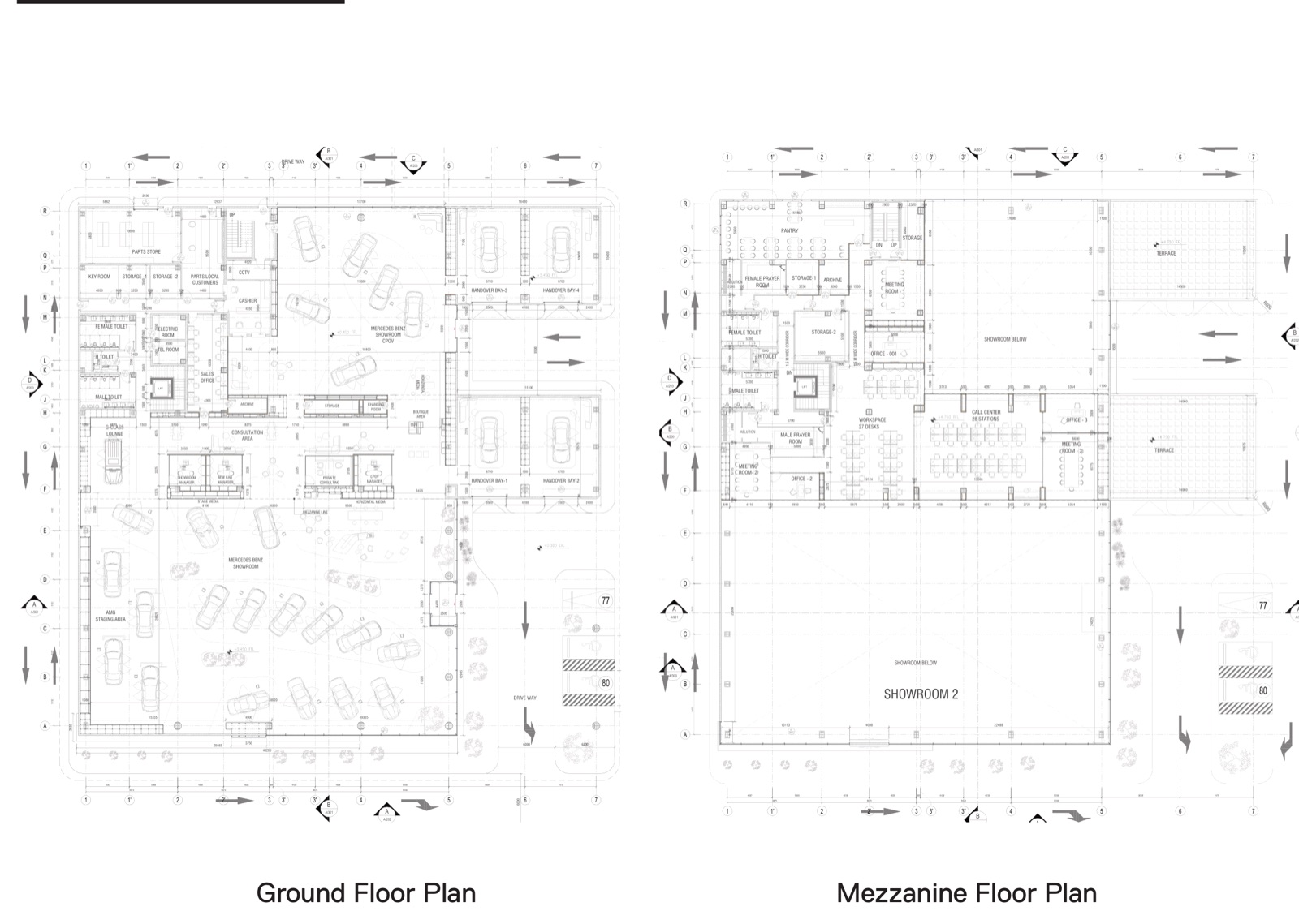 Gargash Multibrand Facility — Mercedes-Benz, GAC & Tesla — Mercedes-Benz showroom — ground and mezzanine floor plans