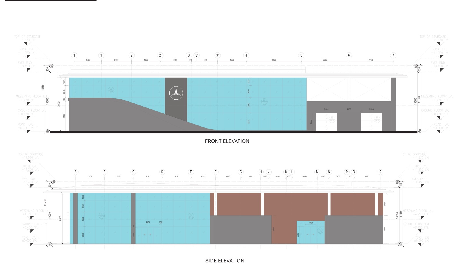 Gargash Multibrand Facility — Mercedes-Benz, GAC & Tesla — Mercedes-Benz showroom — front and side elevations