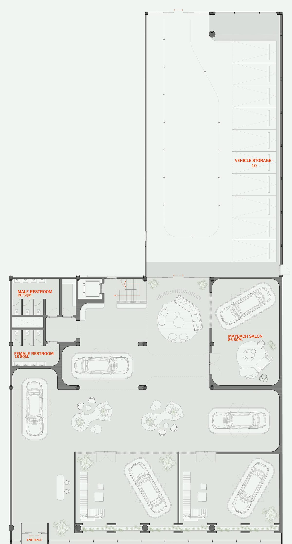 Mercedes-Benz Majlis & GAC Showroom — Majlis ground floor — display, consultation and handover spaces form a customer route, with vehicle storage behind.