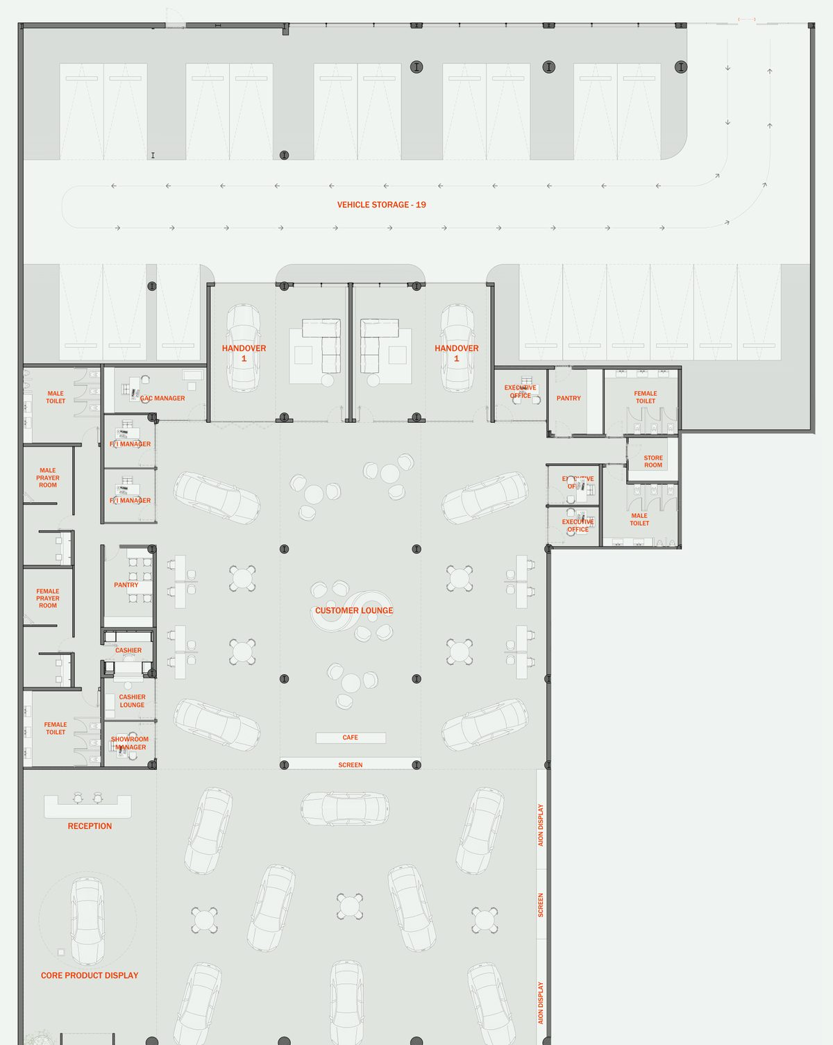 Mercedes-Benz Majlis & GAC Showroom — GAC ground floor — display areas connect with the customer lounge and café, while storage occupies the rear.