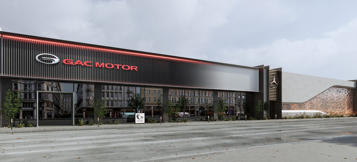 Mercedes-Benz Majlis & GAC Showroom — GAC's continuous fascia brings signage and the glazed display floor into a single street-facing composition.