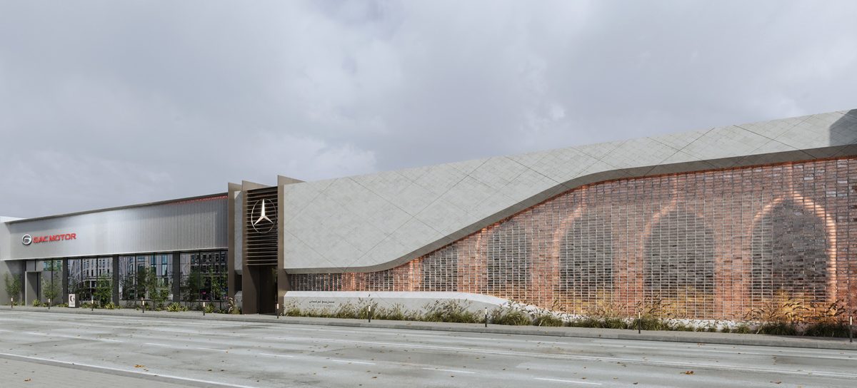 Mercedes-Benz Majlis & GAC Showroom — The changing roofline mediates between the linear showroom and the taller arched screen.
