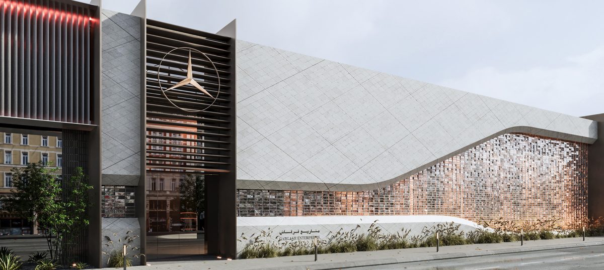 Mercedes-Benz Majlis & GAC Showroom — The entrance tower marks the junction between the two showroom identities.