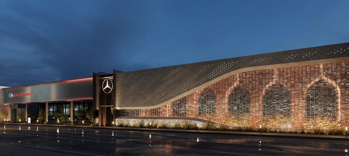 Mercedes-Benz Majlis & GAC Showroom — The illuminated brick screen gives the Majlis an identity beyond the sign above its entrance.