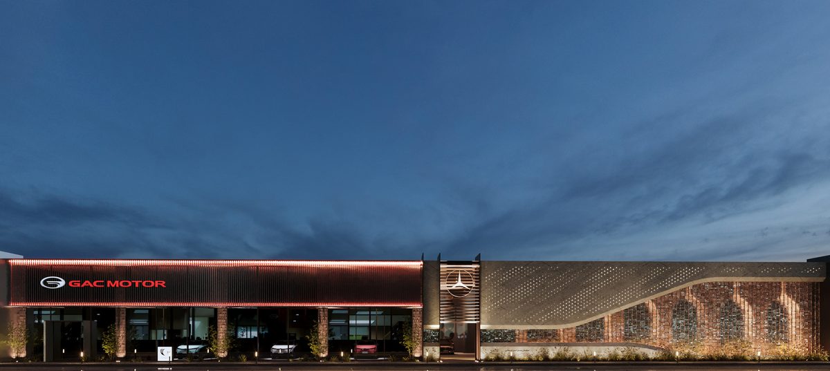 Mercedes-Benz Majlis & GAC Showroom — Each brand remains distinct after dark through its own approach to signage and façade lighting.