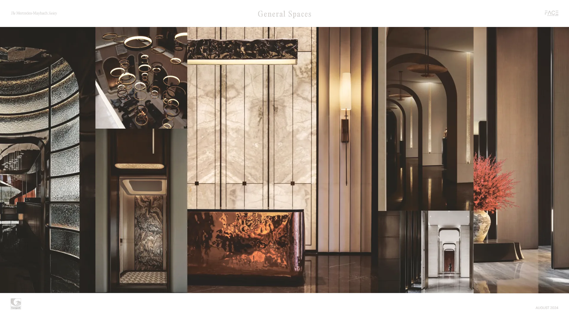 The Mercedes-Maybach Society — Reference study — stone, metal and filtered light establish a material direction for the entrance spaces.