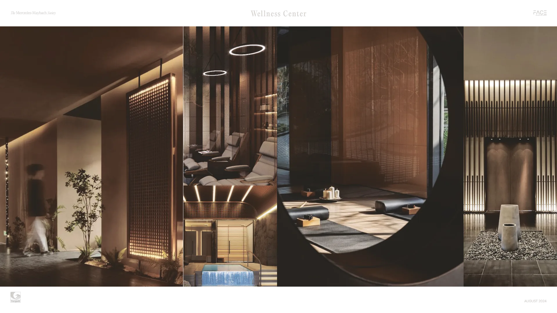 The Mercedes-Maybach Society — Reference study — warm materials and controlled light establish the intended character of the wellness centre.