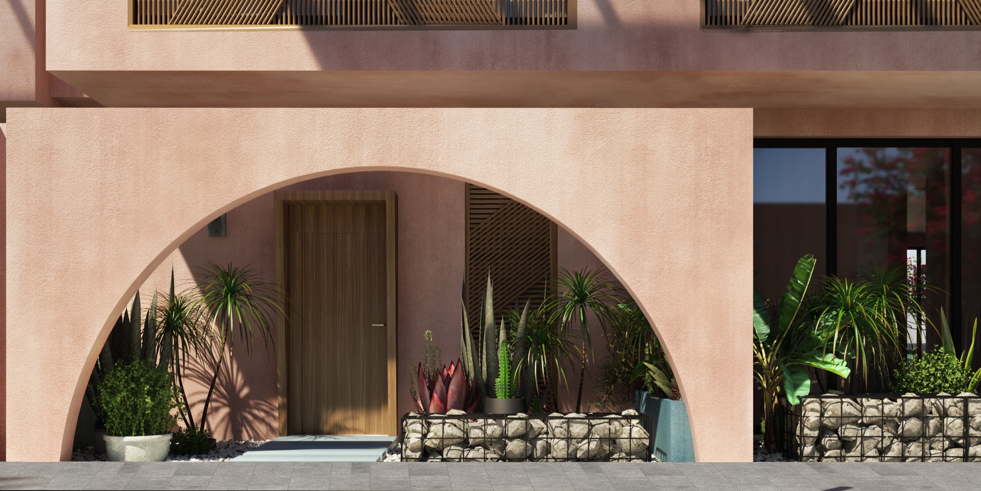 Playa — Render — arched facade, three-quarter view
