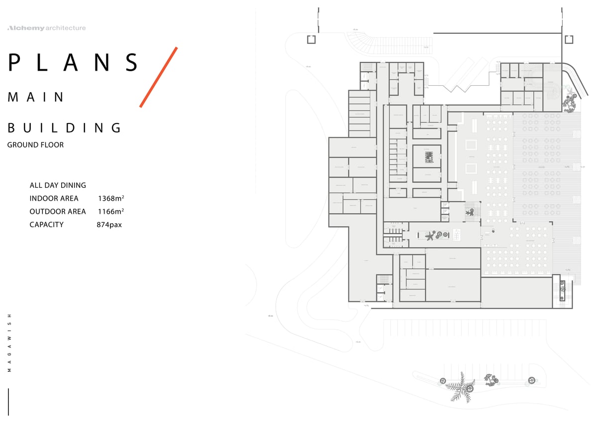 Rixos Magawish — Main building — dining and buffet areas are coordinated with the back-of-house rooms that support them.