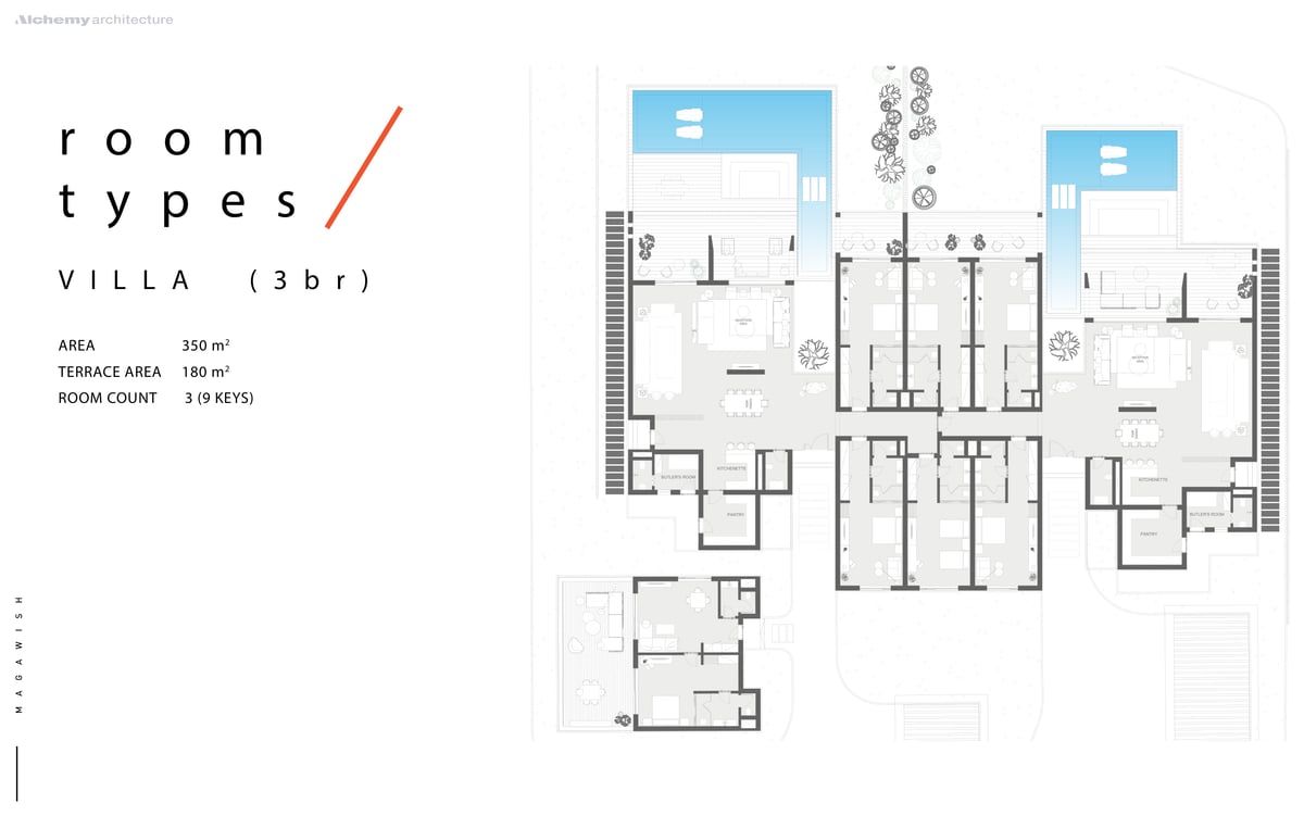 Rixos Magawish — Three-bedroom villa — bedrooms and shared living open towards a private terrace and pool.