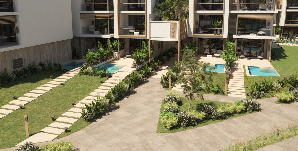 Rixos Magawish — Planting separates individual gardens and plunge pools from the shared paths.