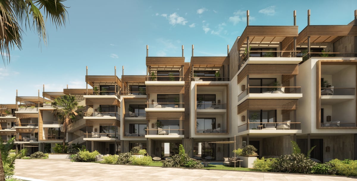 Rixos Magawish — Pergolas extend the upper rooms outdoors while keeping the roofline open.