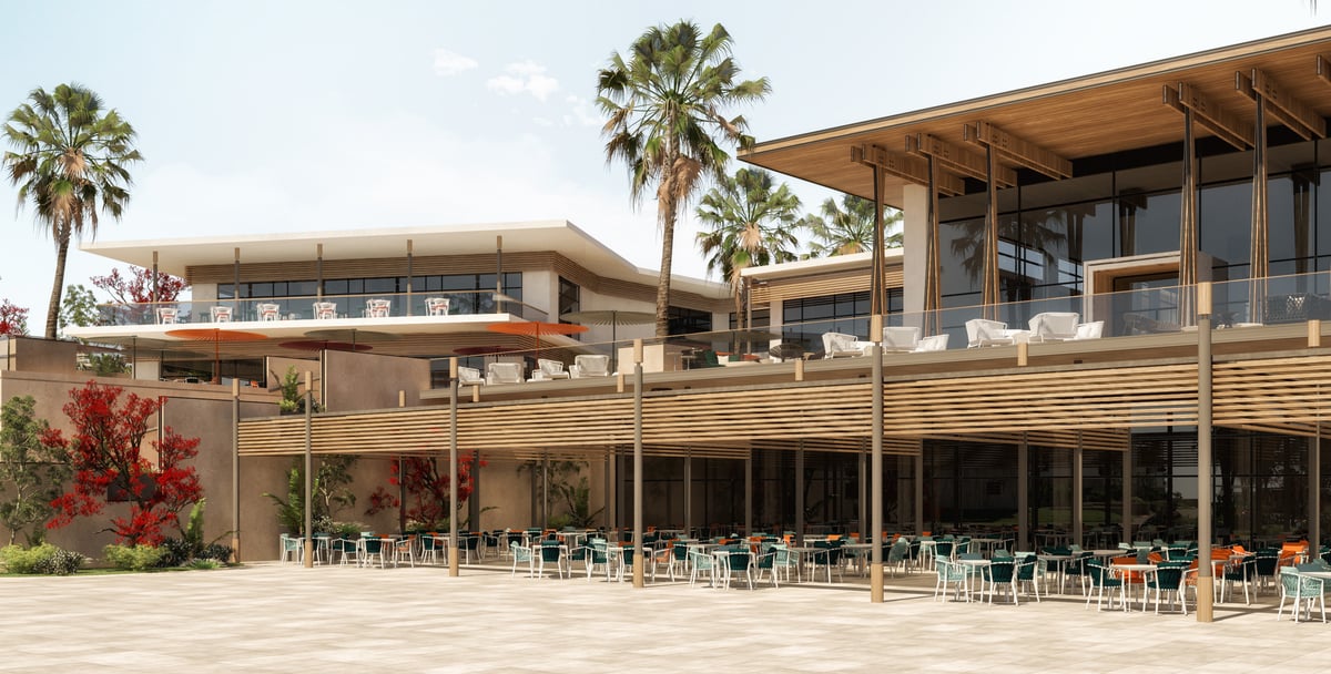 Rixos Magawish — A shaded dining edge allows the restaurant to extend outside beneath the upper terrace.